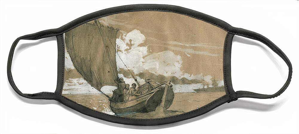 Winslow Homer Face Mask featuring the glass art Fishing off Scarborough by Winslow Homer