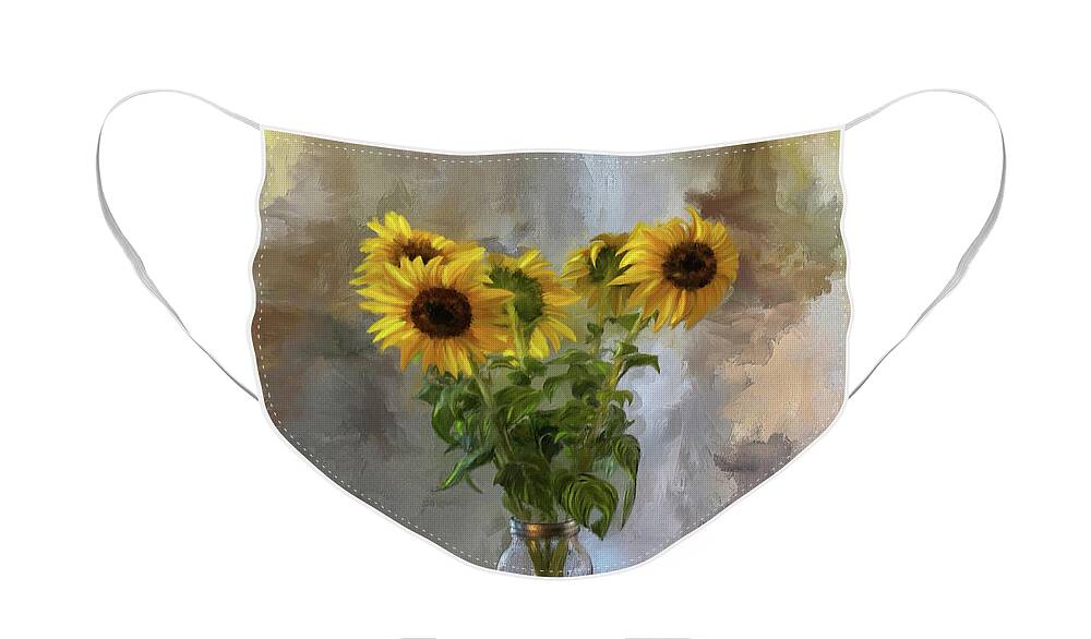 Sunflower Face Mask featuring the digital art Five Sunflowers Centered by Lois Bryan