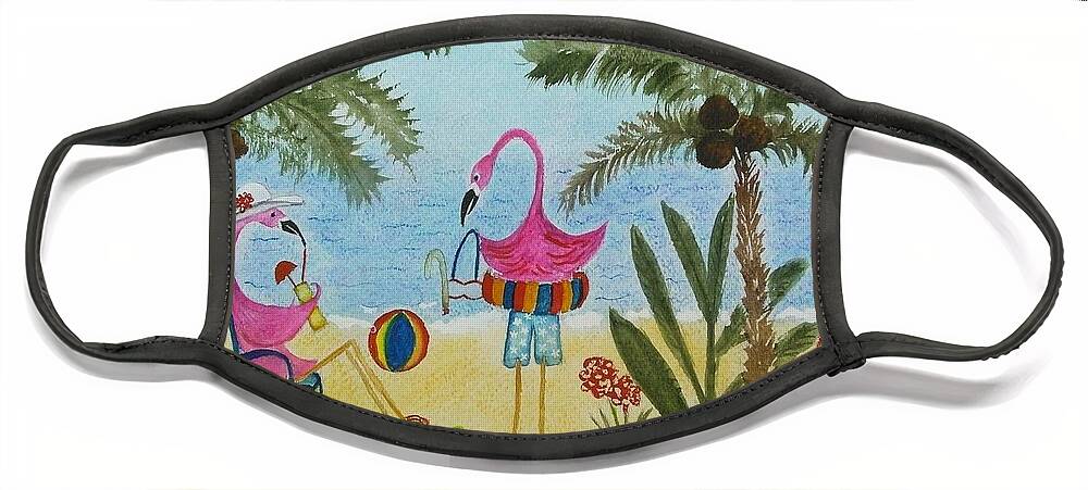 Flamingos Face Mask featuring the painting Flamingos at the beach by Susan Nielsen