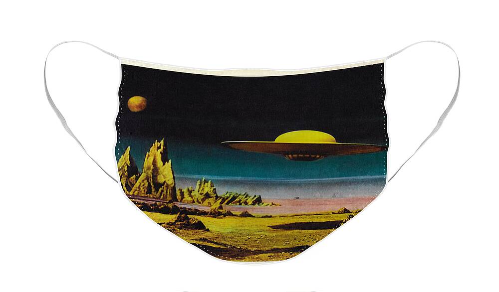 Forbidden Planet Face Mask featuring the painting Forbidden Planet in CinemaScope retro classic movie poster detailing flying saucer by Vintage Collectables