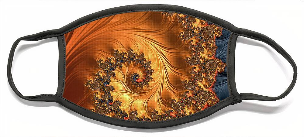 Spiral Face Mask featuring the digital art Fractal spiral orange golden black by Matthias Hauser