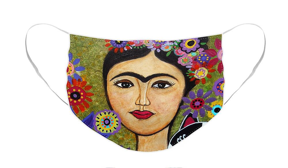 Frida Face Mask featuring the painting Frida Kahlo And Cat by Pristine Cartera Turkus