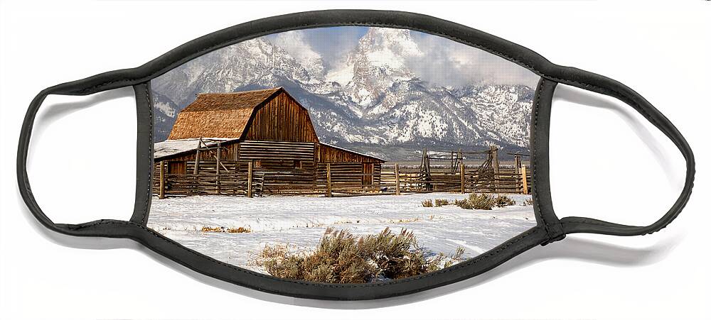 Teton Barn Face Mask featuring the photograph Frigid Morning At The Moulton Barn by Adam Jewell