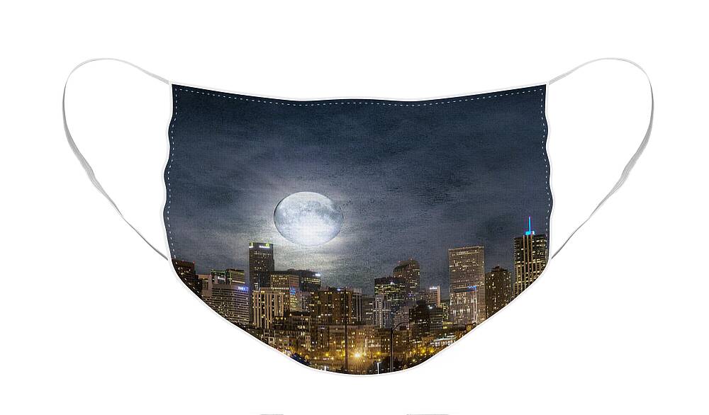 Buildings Face Mask featuring the photograph Full Moon Over Denver by Juli Scalzi