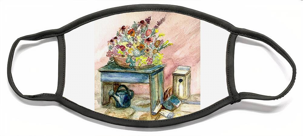 Gardening Face Mask featuring the painting Garden Bench by Deb Stroh-Larson