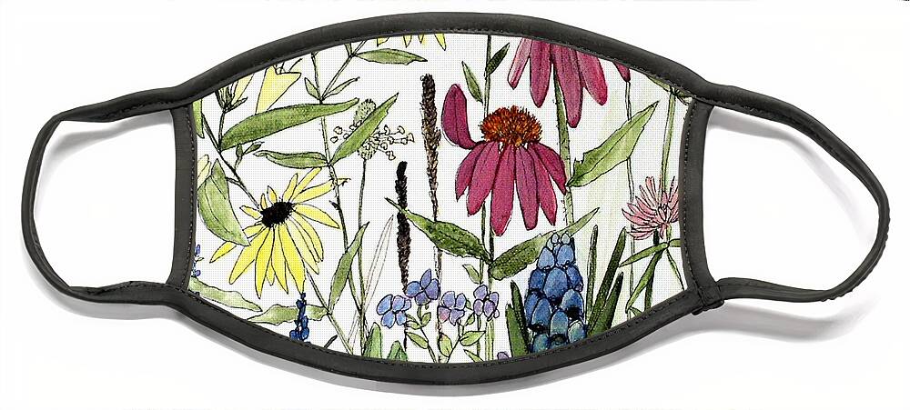 Botanical Face Mask featuring the painting Garden Flowers with Bees by Laurie Rohner
