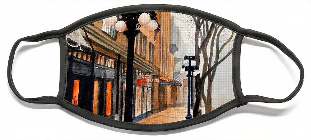 Street Scene Face Mask featuring the painting Gastown, Vancouver by Sher Nasser