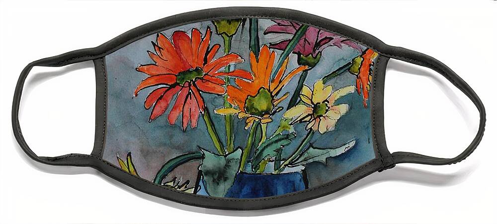 Flowers Face Mask featuring the painting Gerberas in a Blue Pot by Ruth Kamenev