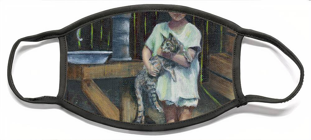 Painting Face Mask featuring the painting Girl and Kitty by Jeanette French