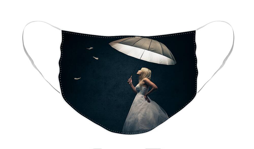 Girl Face Mask featuring the photograph Girl with umbrella and falling feathers by Johan Swanepoel