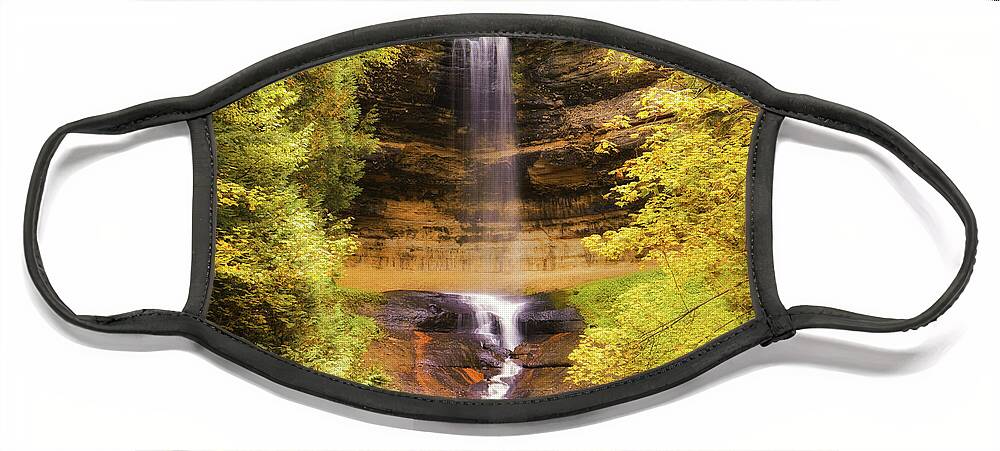 Gold At Munising Falls Face Mask featuring the photograph Gold at Munising Falls by Rachel Cohen