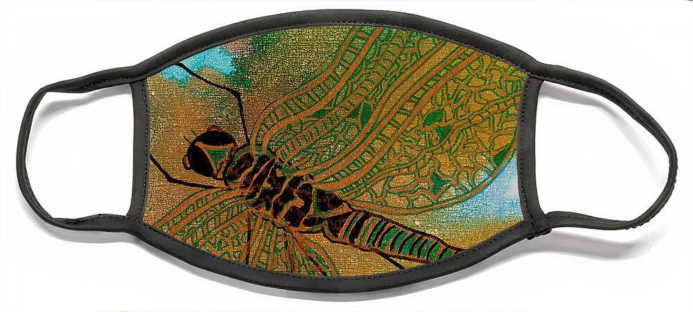 Dragonfly Face Mask featuring the mixed media Golden Dragonfly by Susan Kubes