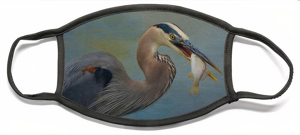 Great Blue Heron Face Mask featuring the photograph Great Blue Heron And Catch by Sandi OReilly