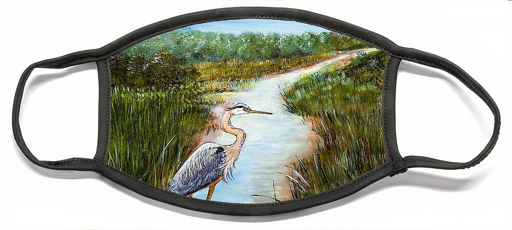 Landscape Face Mask featuring the painting Great Blue Heron by Dorothy Riley