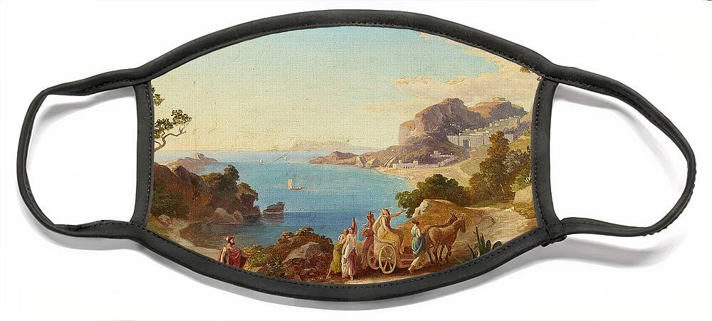 Heinrich Gaertner Face Mask featuring the painting Greek Landscape with Odysseus and Nausicaa by Heinrich Gaertner