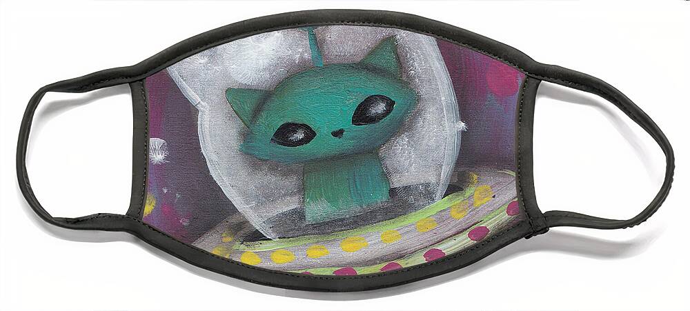 Mid Century Modern Face Mask featuring the painting Green Alien Cat by Abril Andrade