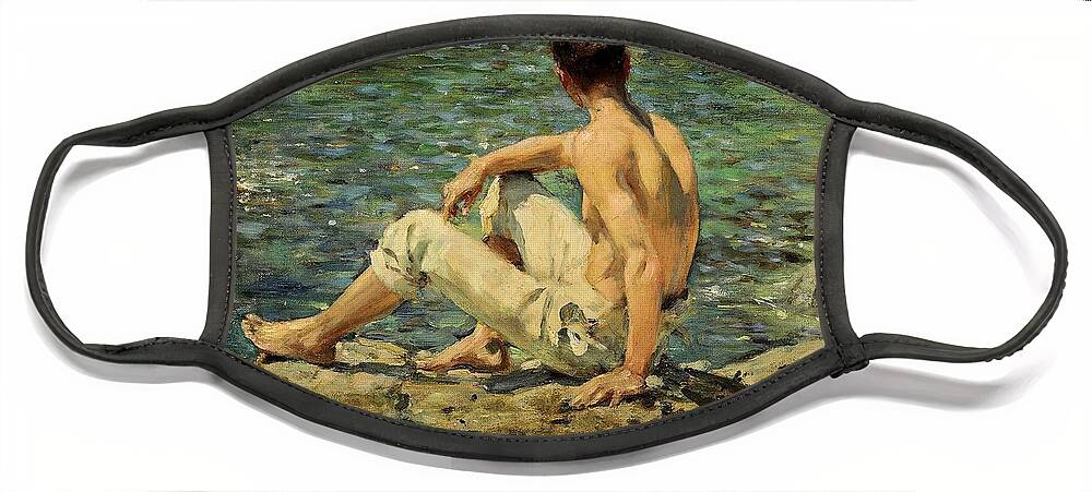 Green And Gold Face Mask featuring the painting Green and Gold by Henry Scott Tuke