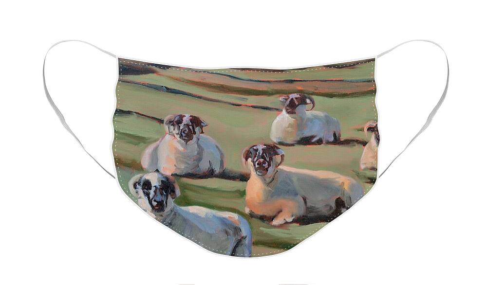 Sheep Face Mask featuring the painting Green Hill Sheep at Rest by Donna Tuten
