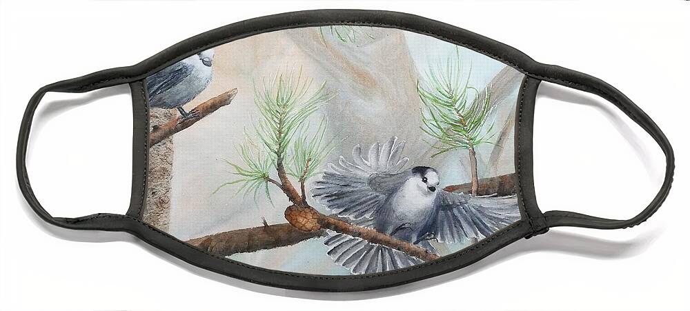 Grey Jay Face Mask featuring the painting Grey Jays in a Jack Pine by Ruth Kamenev