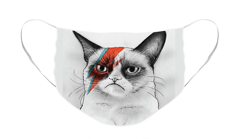 Grumpy Cat Face Mask featuring the drawing Grumpy Cat as David Bowie by Olga Shvartsur