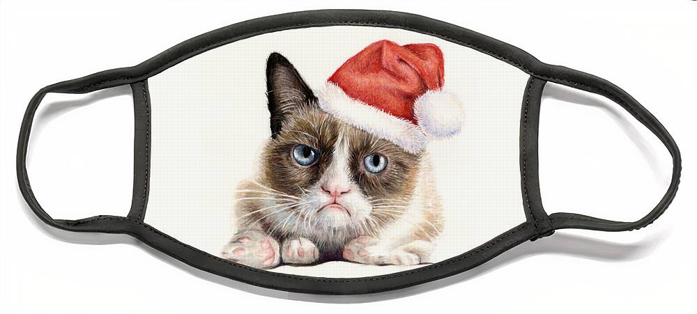 Grumpy Face Mask featuring the painting Grumpy Cat as Santa by Olga Shvartsur