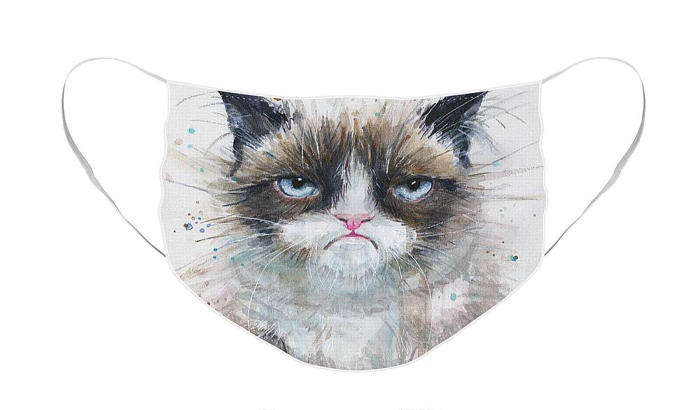 Watercolor Face Mask featuring the painting Grumpy Cat Watercolor Painting by Olga Shvartsur