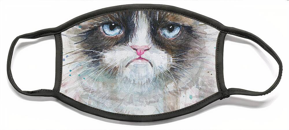 Watercolor Face Mask featuring the painting Grumpy Cat Watercolor Painting by Olga Shvartsur