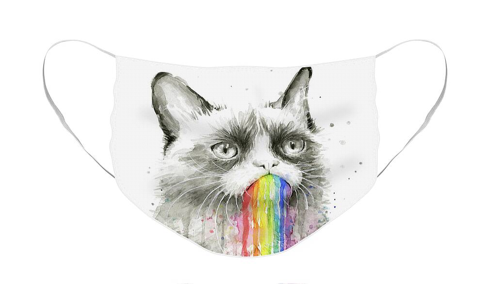 Grumpy Face Mask featuring the painting Grumpy Rainbow Cat by Olga Shvartsur
