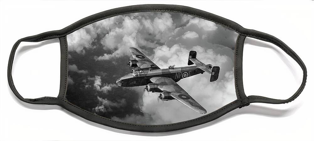Handley Page Halifax Face Mask featuring the photograph Handley Page Halifax B III above clouds BW version by Gary Eason