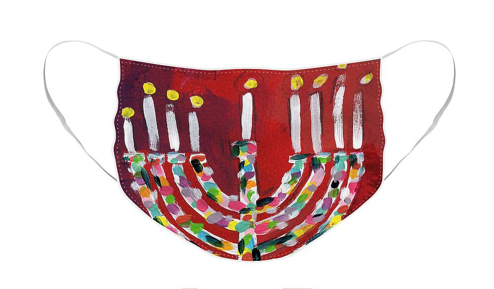 Hanukkah Face Mask featuring the painting Happy Hanukkah Colorful Menorah Card- Art by Linda Woods by Linda Woods