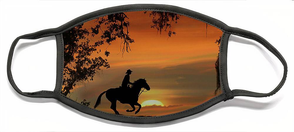 Cowboy Face Mask featuring the photograph Happy Trails Cowboy Riding off into the Sunset by Stephanie Laird