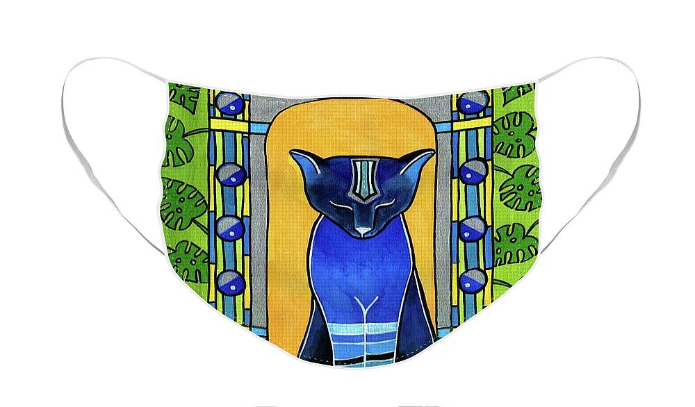 Cats Face Mask featuring the painting He Is Back - Blue Cat Art by Dora Hathazi Mendes
