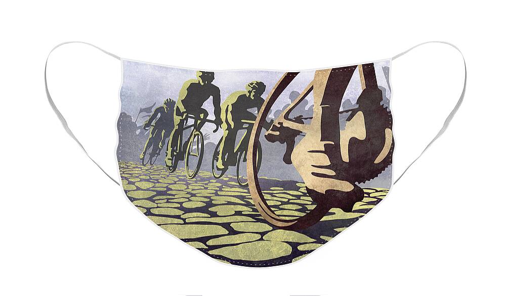 Hell Of The North Retro Cycling Illustration Poster Face Mask featuring the painting HELL OF THE NORTH retro cycling illustration poster by Sassan Filsoof