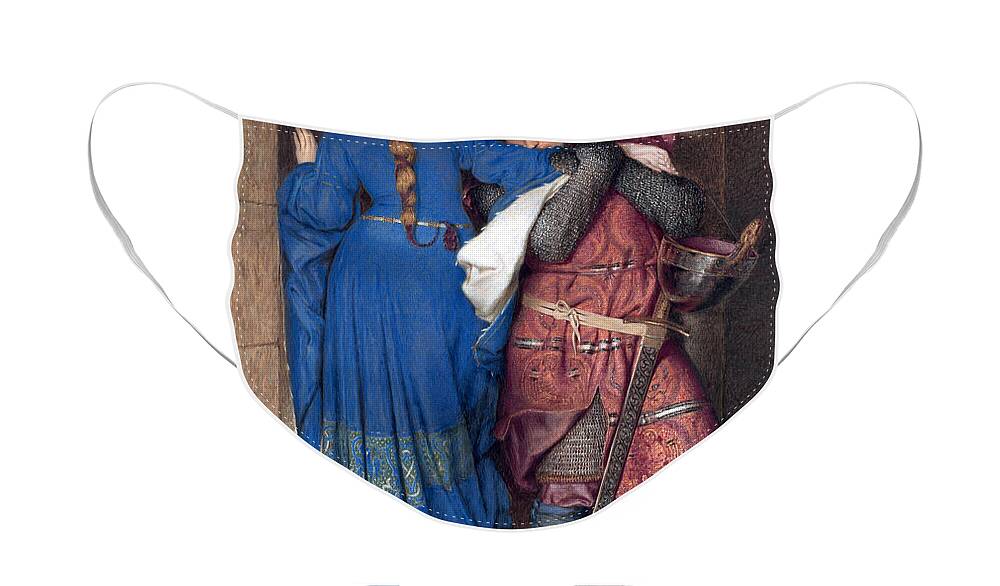 Frederic William Burton Face Mask featuring the drawing Hellelil and Hildebrand or The Meeting on the Turret Stairs by Frederic William Burton