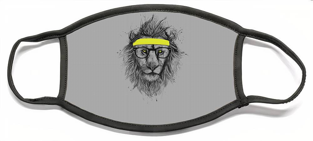 Lion Face Mask featuring the drawing Hipster lion by Balazs Solti