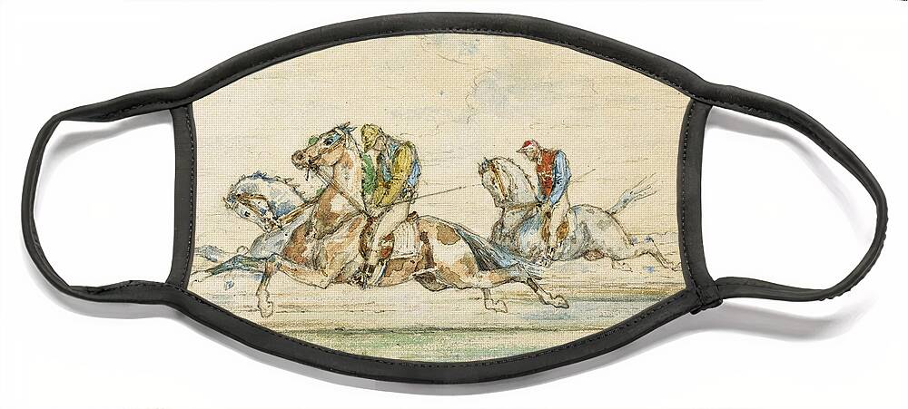 Gustave Moreau Face Mask featuring the drawing Horse Race with Jockey by Gustave Moreau