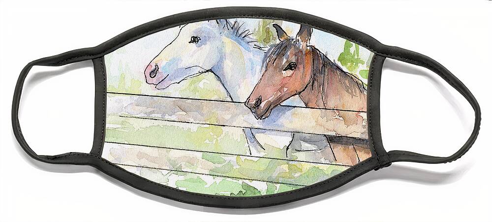 Watercolor Face Mask featuring the painting Horses Watercolor Sketch by Olga Shvartsur