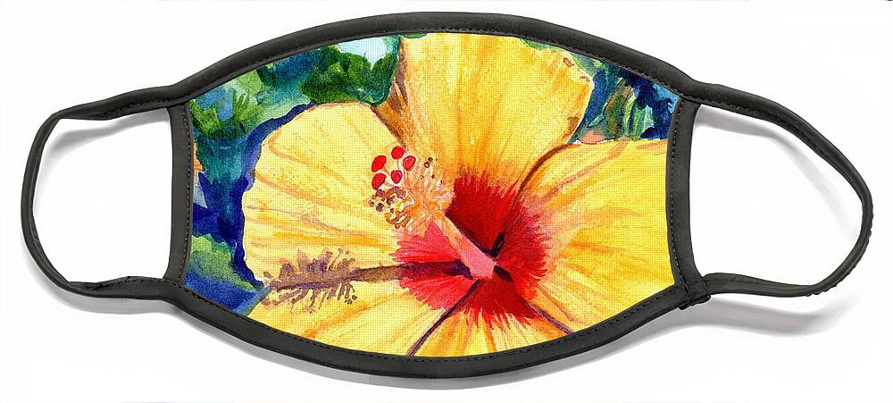 Hula Girl Hibiscus Face Mask featuring the painting Hula Girl Hibiscus by Marionette Taboniar