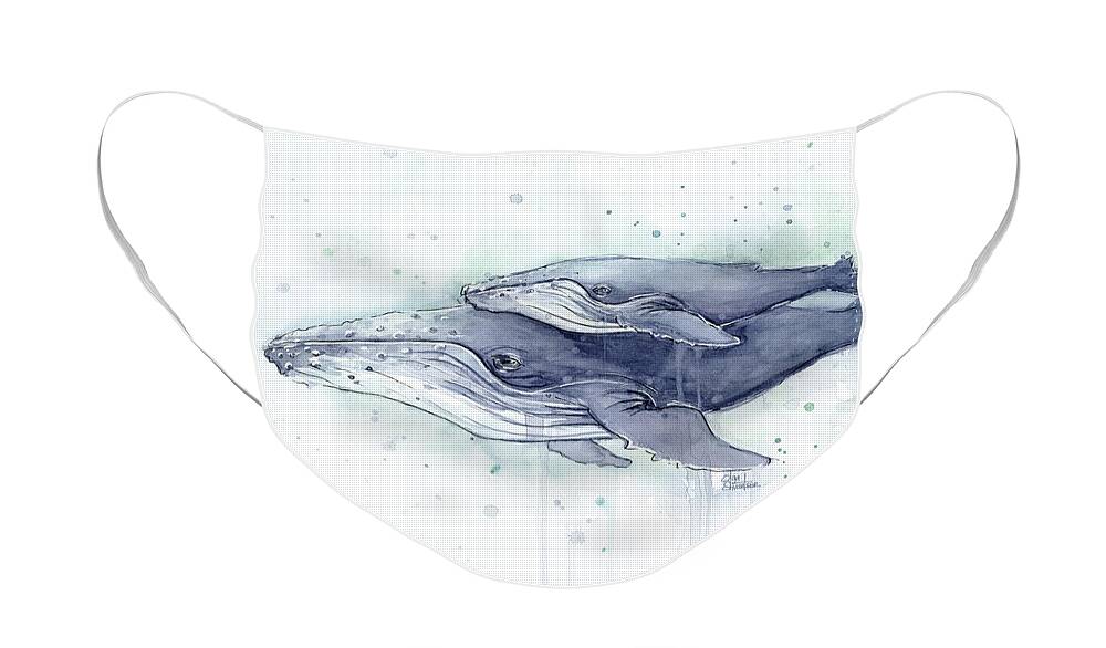Whale Face Mask featuring the painting Humpback Whales Painting Watercolor - Grayish Version by Olga Shvartsur