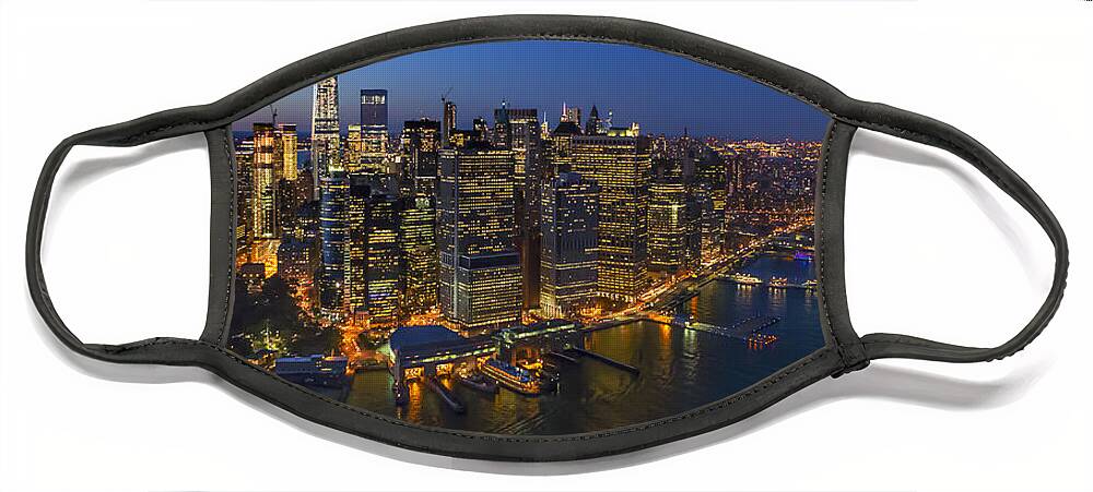 Aerial View Face Mask featuring the photograph Illuminated Lower Manhattan NYC by Susan Candelario