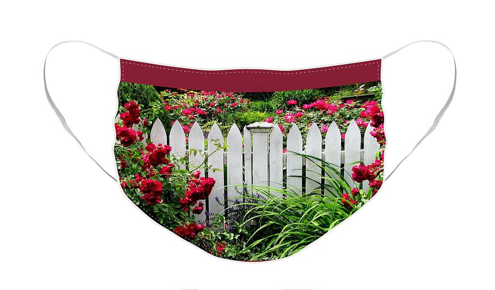 Red Roses Face Mask featuring the photograph In A Summer Rose Garden by Angela Davies
