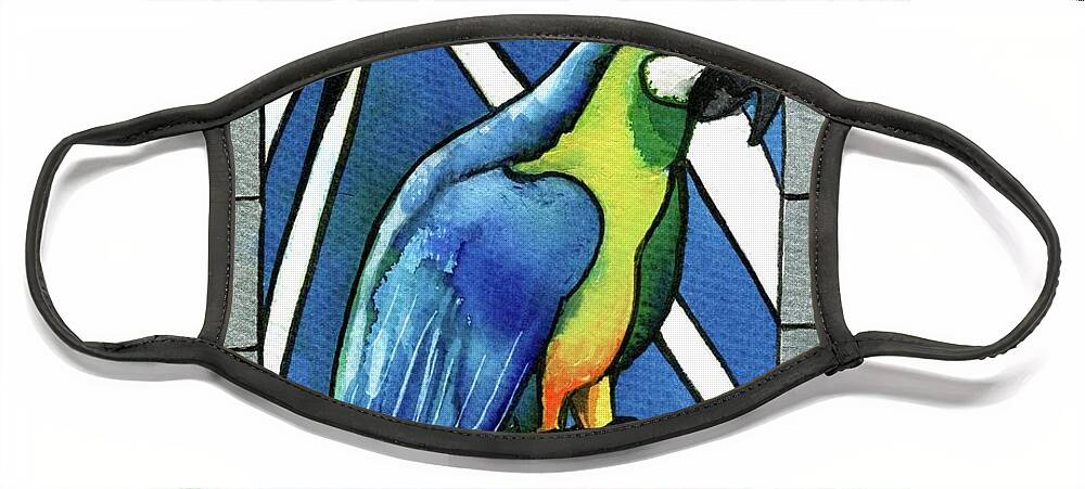 Macaw Face Mask featuring the painting In Love With a Macaw by Dora Hathazi Mendes