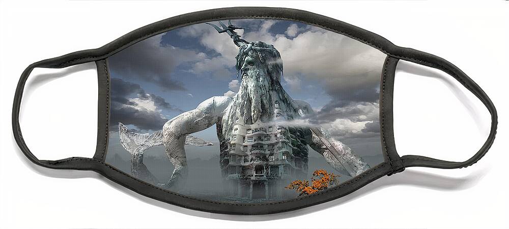 Poseidon God Greek Roman Sculpture Antonio Gaudi Modernism Contemporary Surrealism Building Allegorical Face Mask featuring the digital art Inadvertent Metamorphosis or King of my Castle by George Grie