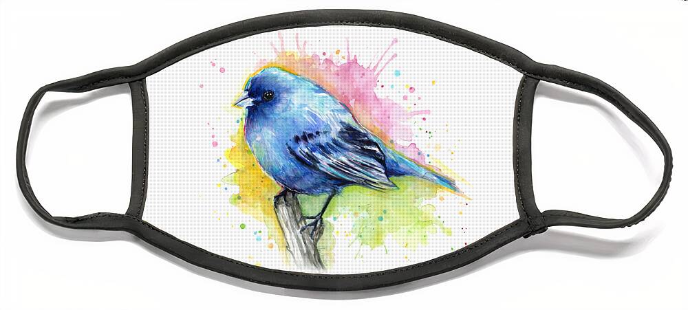 Blue Face Mask featuring the painting Indigo Bunting Blue Bird Watercolor by Olga Shvartsur