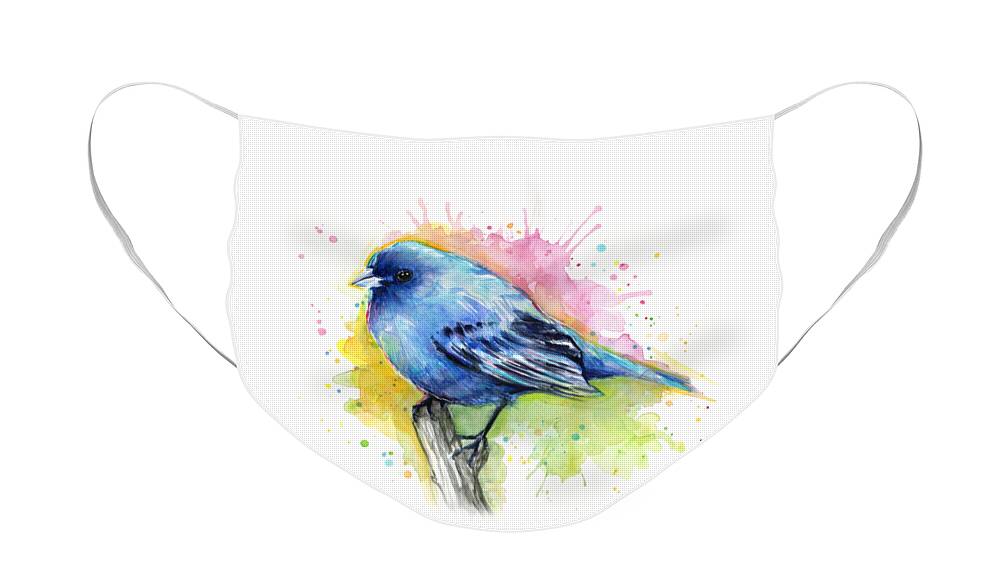 Blue Face Mask featuring the painting Indigo Bunting Blue Bird Watercolor by Olga Shvartsur