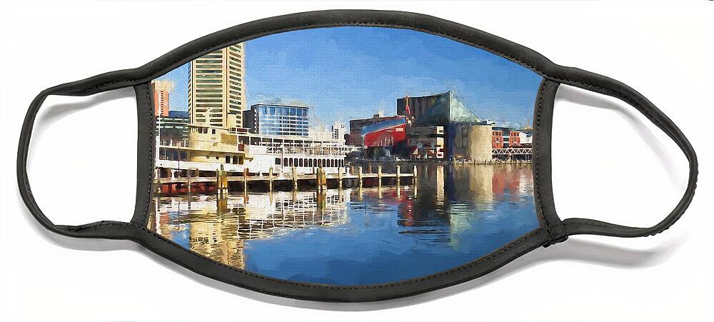 Baltimore Inner Harbor Face Mask featuring the painting Inner Harbor Reflections by Kerri Farley