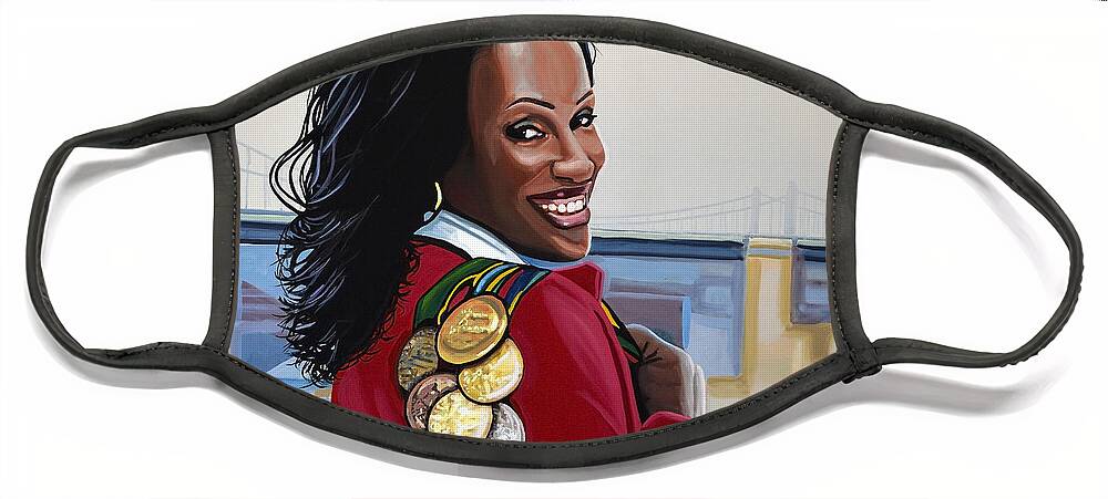 Jackie Joyner Kersee Face Mask featuring the painting Jackie Joyner Kersee by Paul Meijering