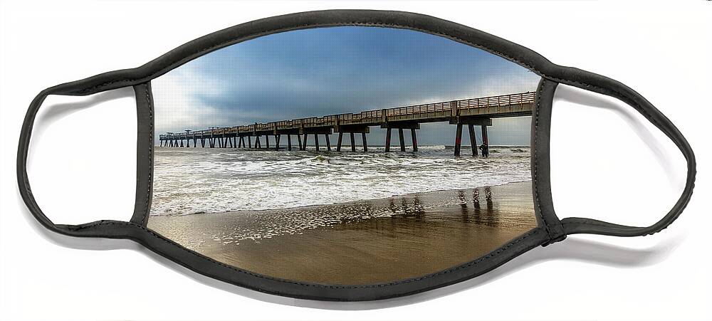 Clouds Face Mask featuring the photograph Jacksonville Pier in the Fog at Dawn by Debra and Dave Vanderlaan