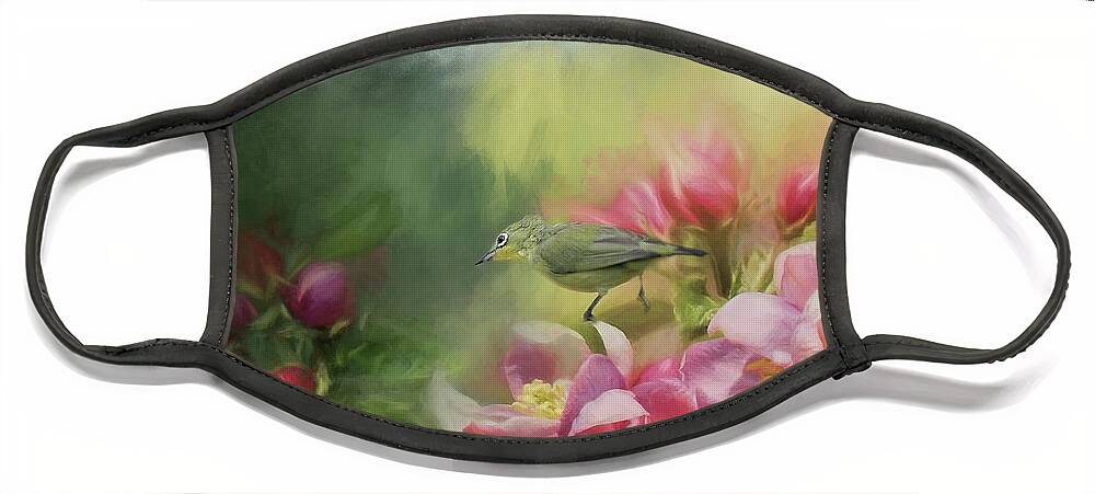 Japanese White-eye Face Mask featuring the photograph Japanese white-eye on a blooming tree by Eva Lechner