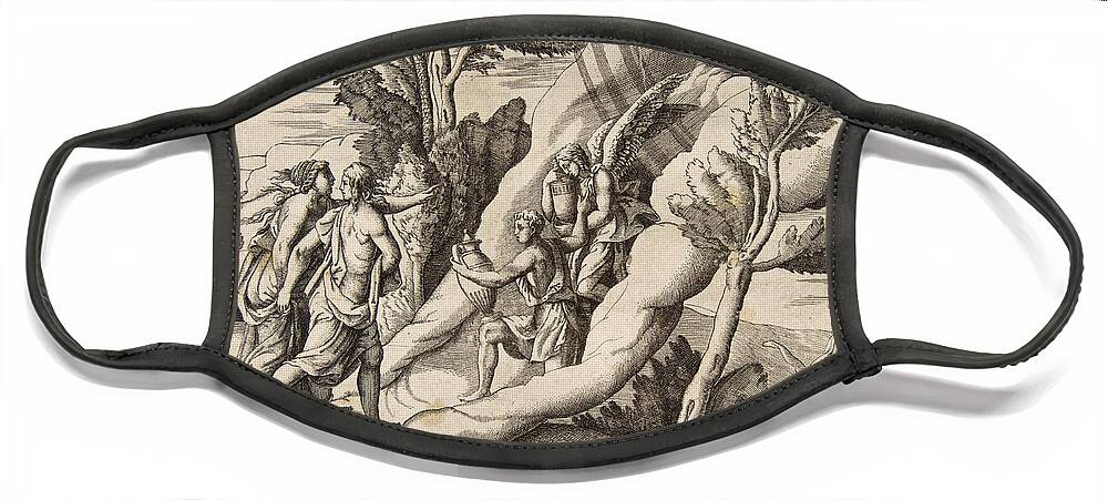 Giulio Bonasone Face Mask featuring the drawing Jupiter and Juno being received in the heavens by Ganymede and Hebe by Giulio Bonasone